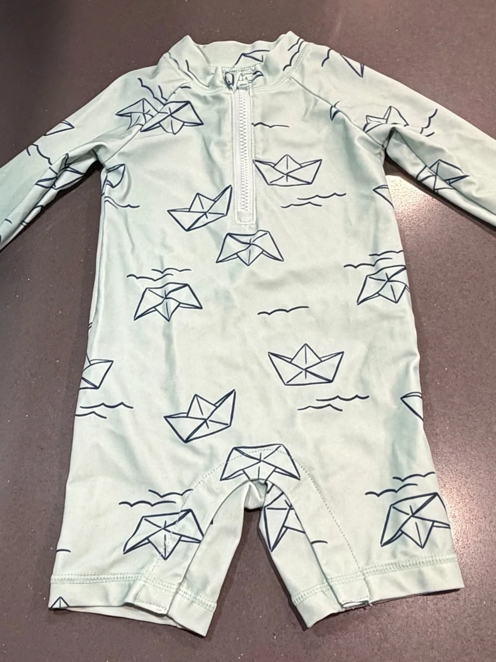 Carter's Mint Green Long-Sleeve One-Piece Swimsuit with Navy Boat Print